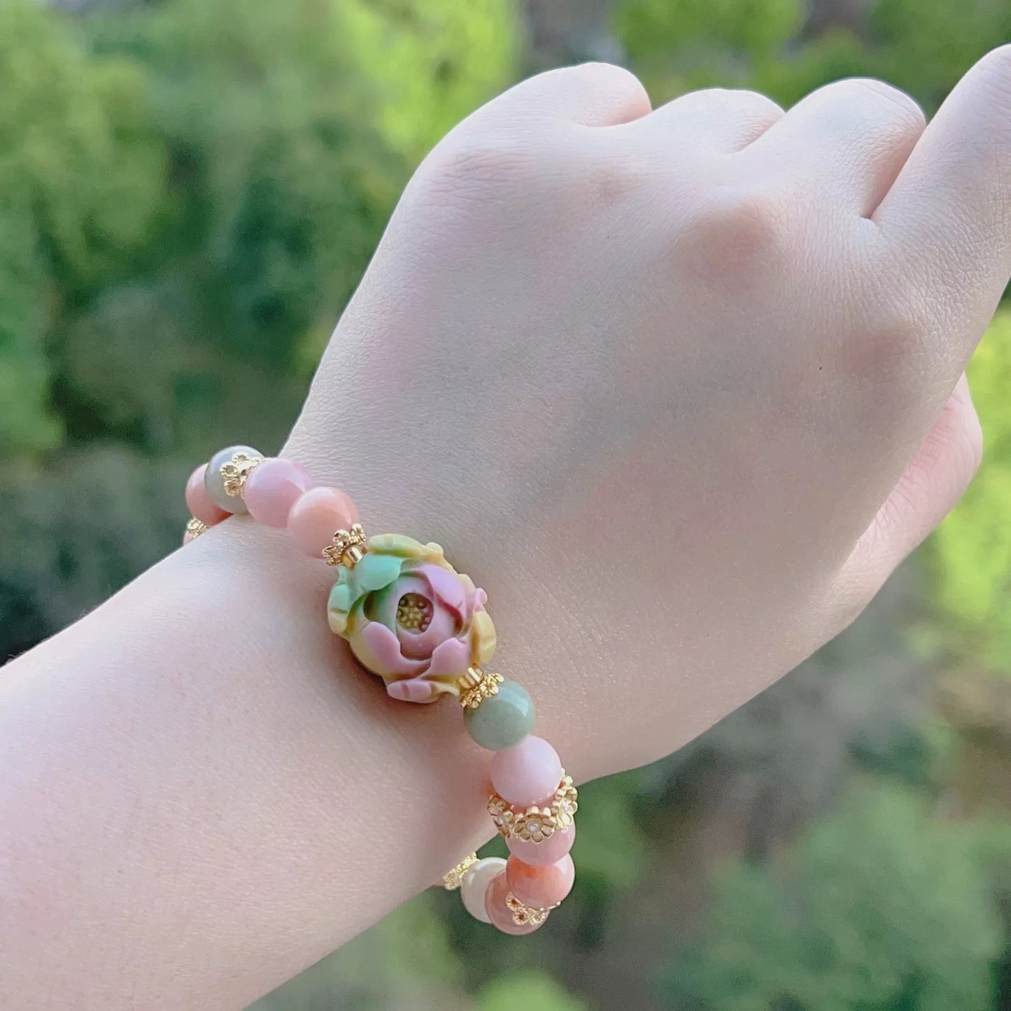 Live Broadcast Optimization Peach Pink Agate Press Engraved Back Lines Bracelets