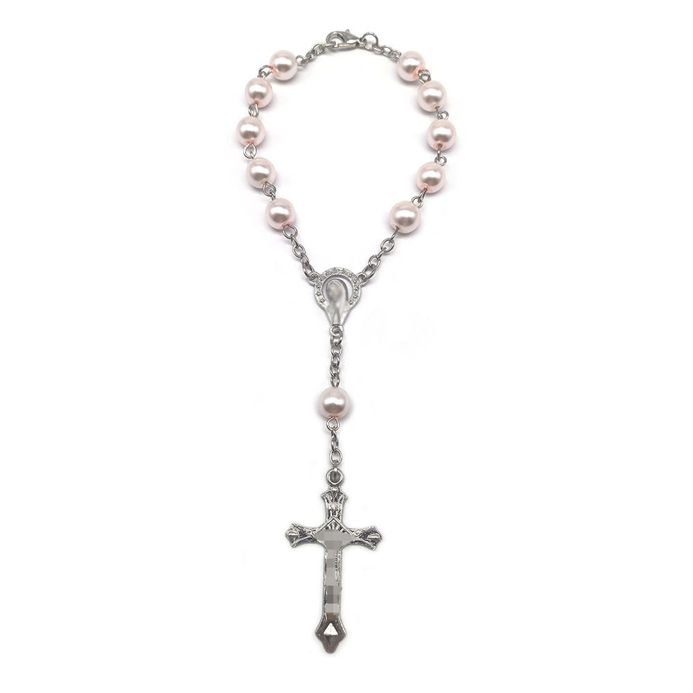 Artificial Glass Pearl Rosary Zinc Alloy Cross Beaded Bracelet