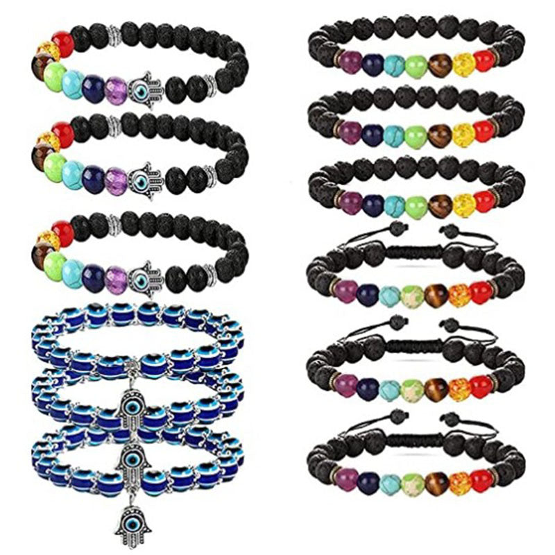 Vintage Blue Devil Eye Elastic String Volcanic Rock Beaded Adjustable Bracelet