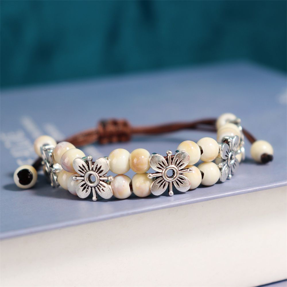 Bohemian Style Ceramic Beads Vintage Four-leaf Clover Copper Bracelets