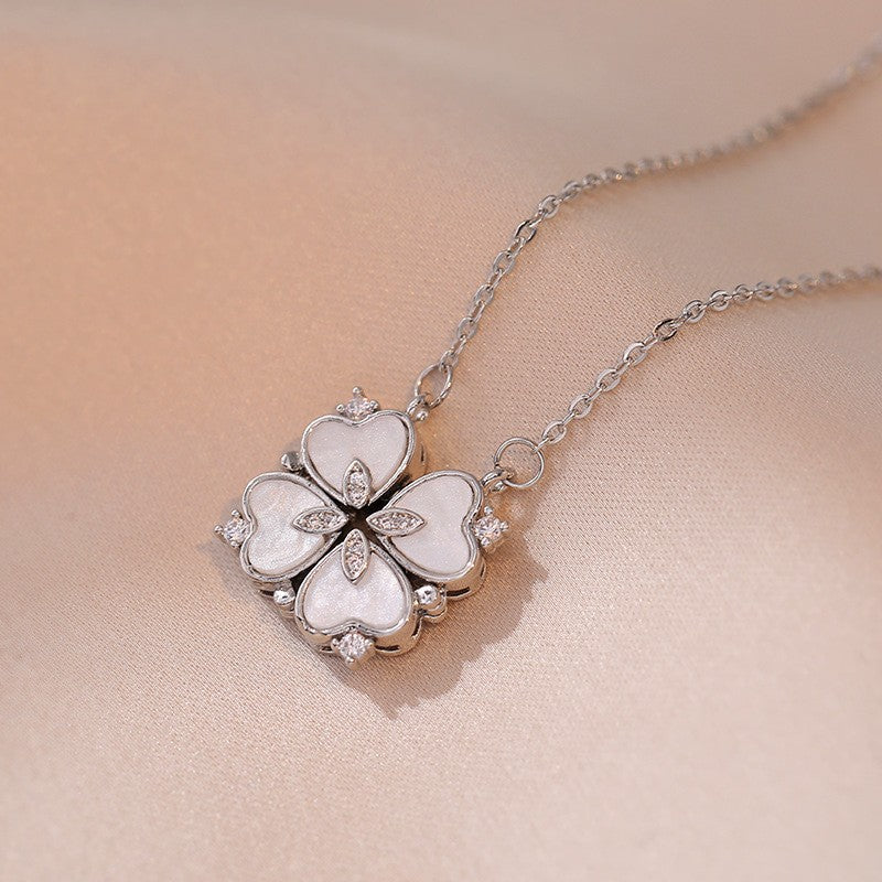 Women's Steel Cross Chain Open Close Four-leaf Flower Necklace