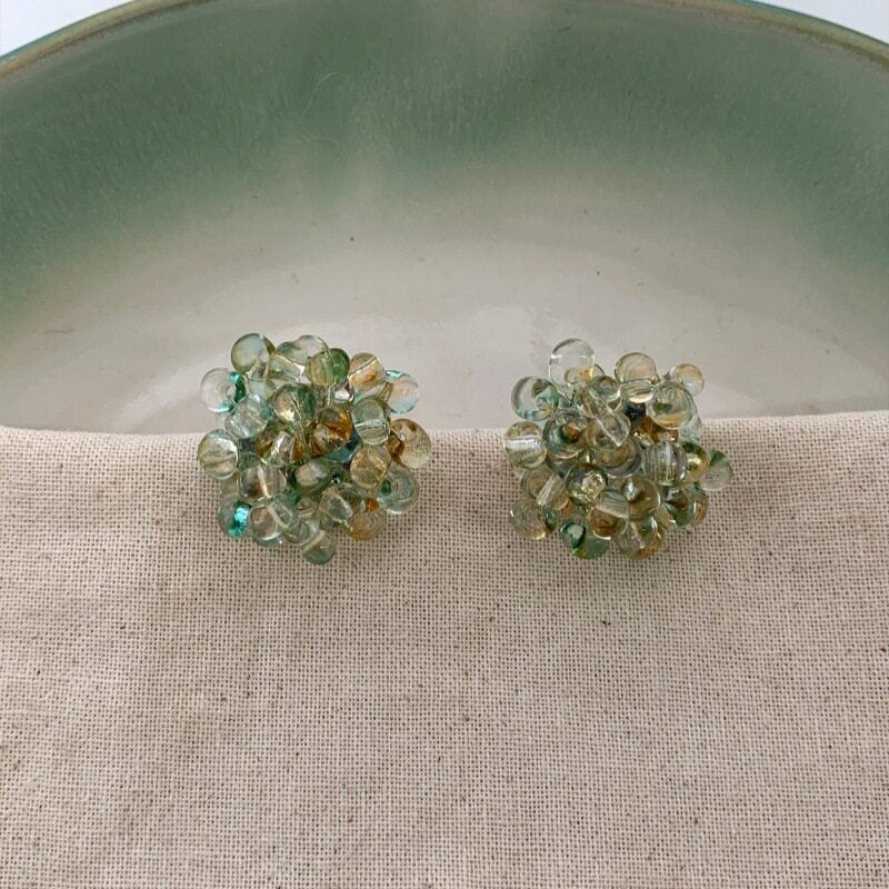 Emerald Beads Cluster Clear Cyan Beaded Niche Gentle Stud Earrings