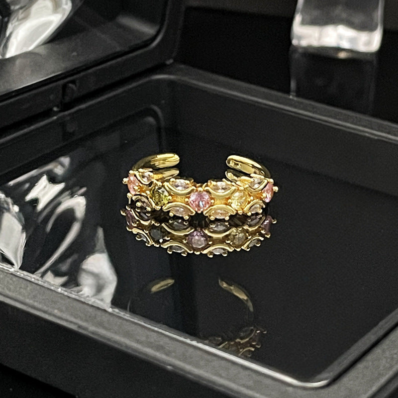 French Retro Court Gold Pink Diamond Open Female Rings