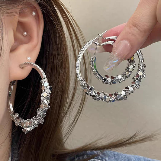 Women's Super Shiny Sier Rhinestone Big Hoop Light Luxury Earrings