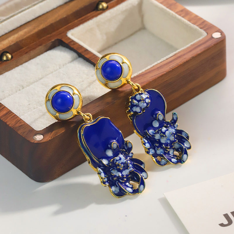 French Retro Asymmetric Flower Light Luxury Dripping Oil Geometric Earrings