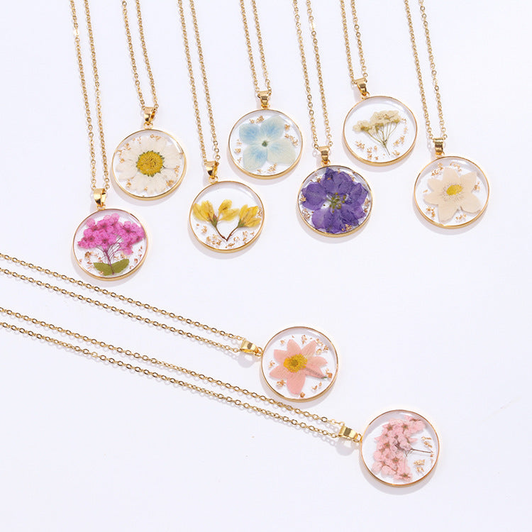 Dried Flower With Gold Foil Preserved Necklaces