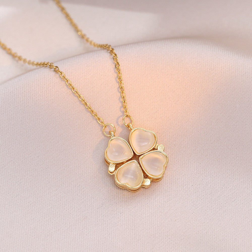 Women's Steel Cross Chain Open Close Four-leaf Flower Necklace