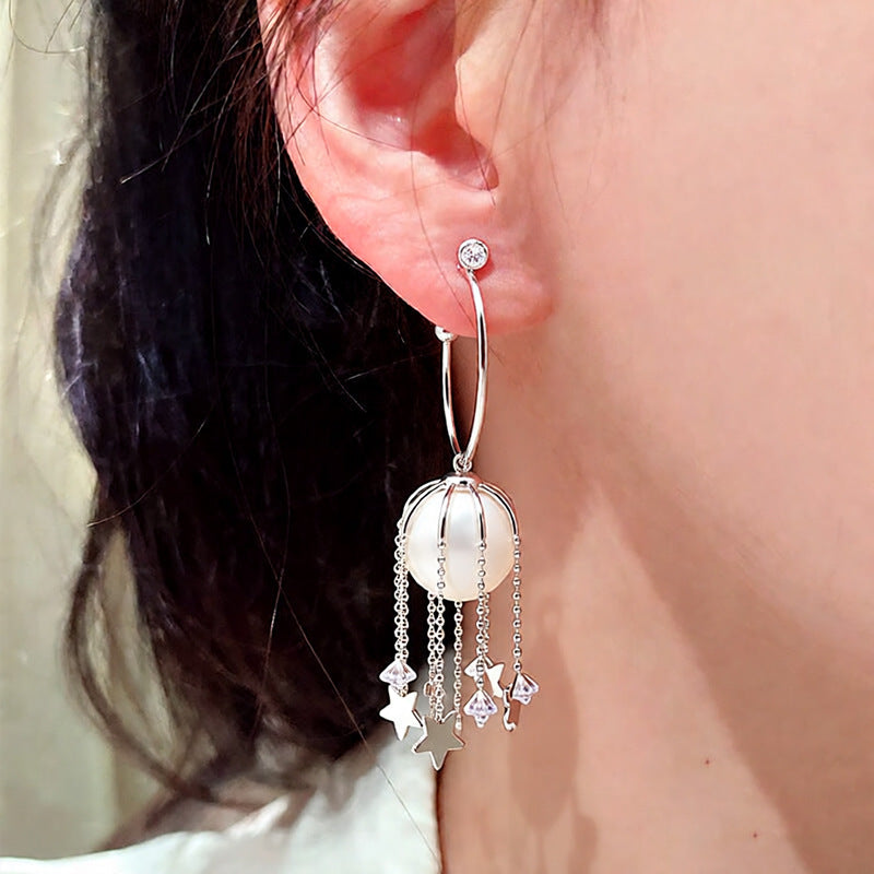 Sier Needle Retro Imitation Pearl Zircon Geometric Shaped Star Tassel Earrings