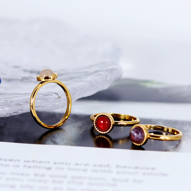 Women's Steel With Colorful Natural Stone Red Agate Ring