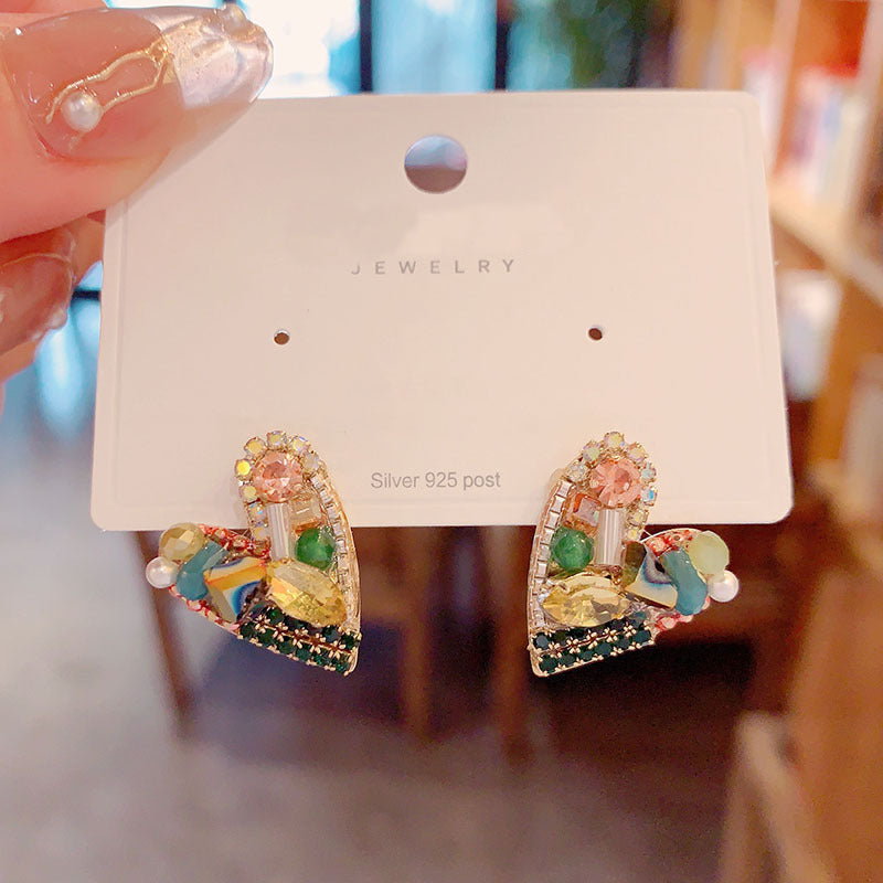 Fashion Handmade Crystal Love Heart Unique Design Sier Stud Earrings
