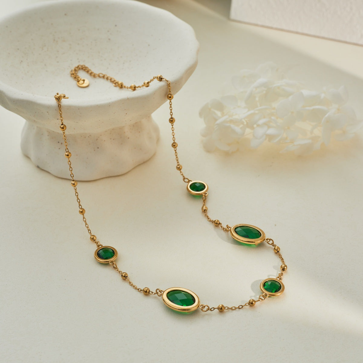 Stainless Steel Sweet Cool Style Colored Gems Edging Bead Necklaces