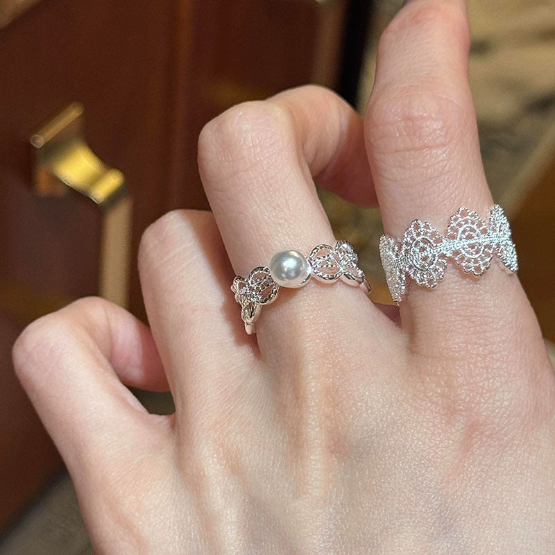 Pearl Lace Wide Mouth Stacked Female Light Luxury Minority High-grade Ring