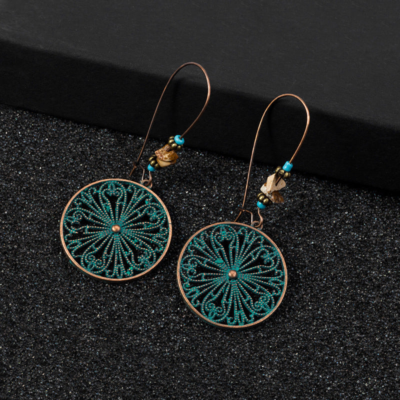 Turquoise Bohemian Palm Owl Bronze Carved Geometric Feather Earrings