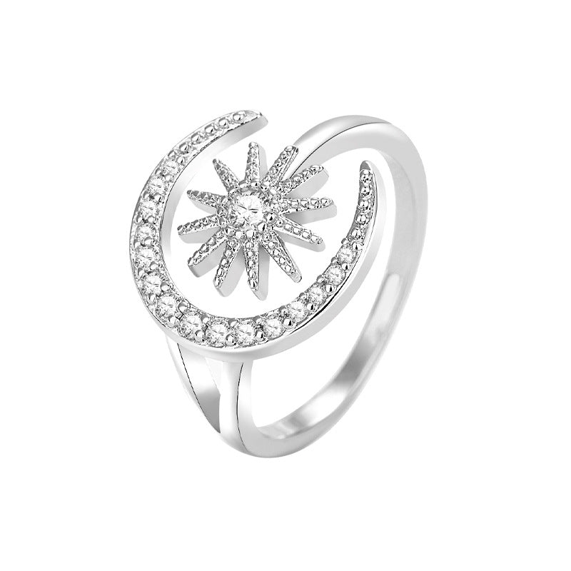 Sun Moon Female Fashion Small Creative Micro Inlaid Zircon Opening Rings