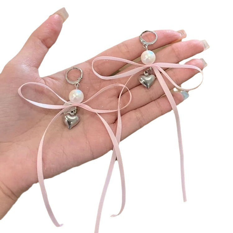 Niche Style Ribbon Bowknot Love Pink White Earrings