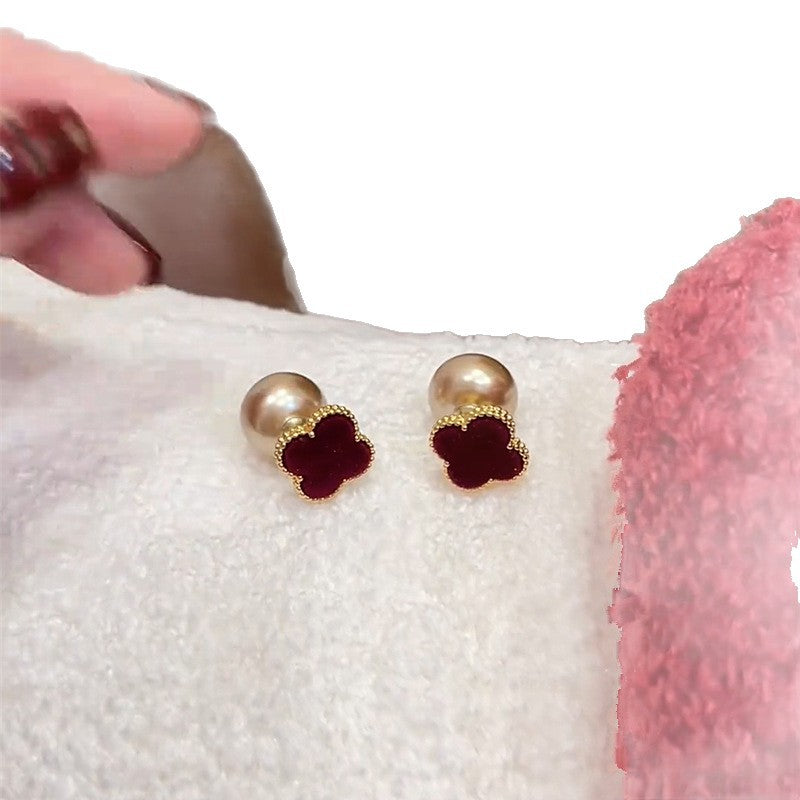 Women's Red Four-leaf Flower For Design Sier Pin Classic Versatile Earrings