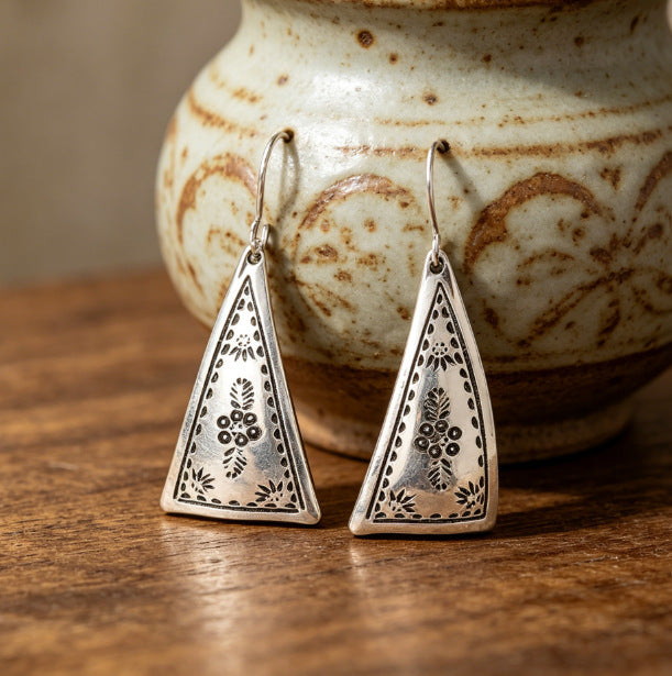 Women's Bohemian Retro Triangle Sier Ethnic Style Carved Niche Design Earrings
