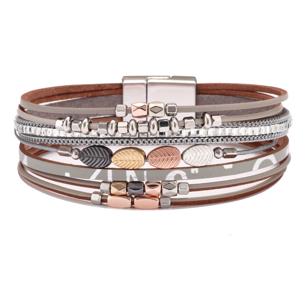 Women's Bohemian Wrist Leather Woven Leaf Shaped Ethnic Style Magnetic Snap Bracelets