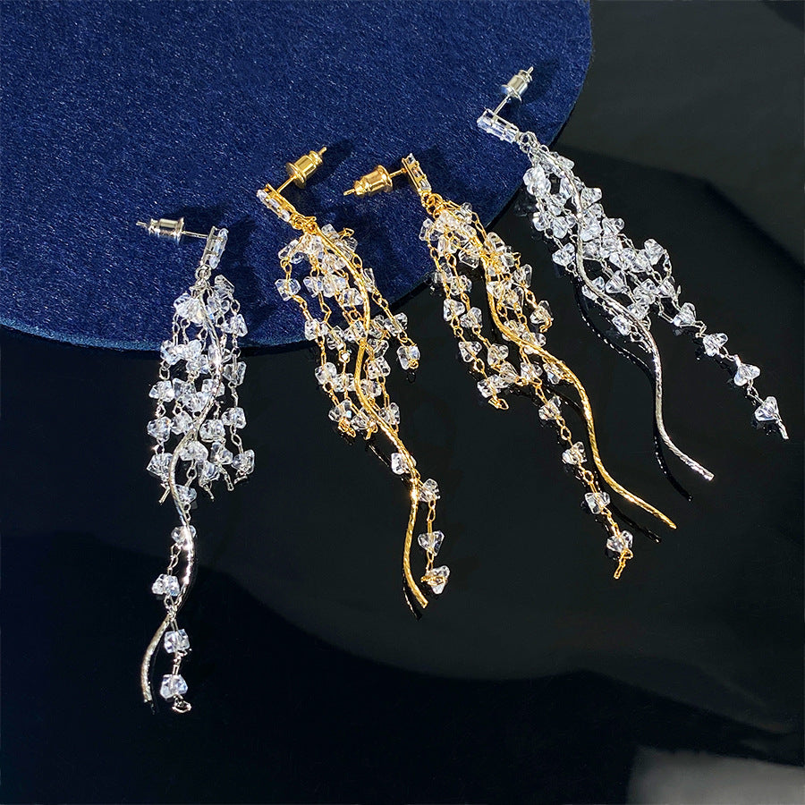 Women's French Entry Lux Long Zircon Tassel Stud Earrings