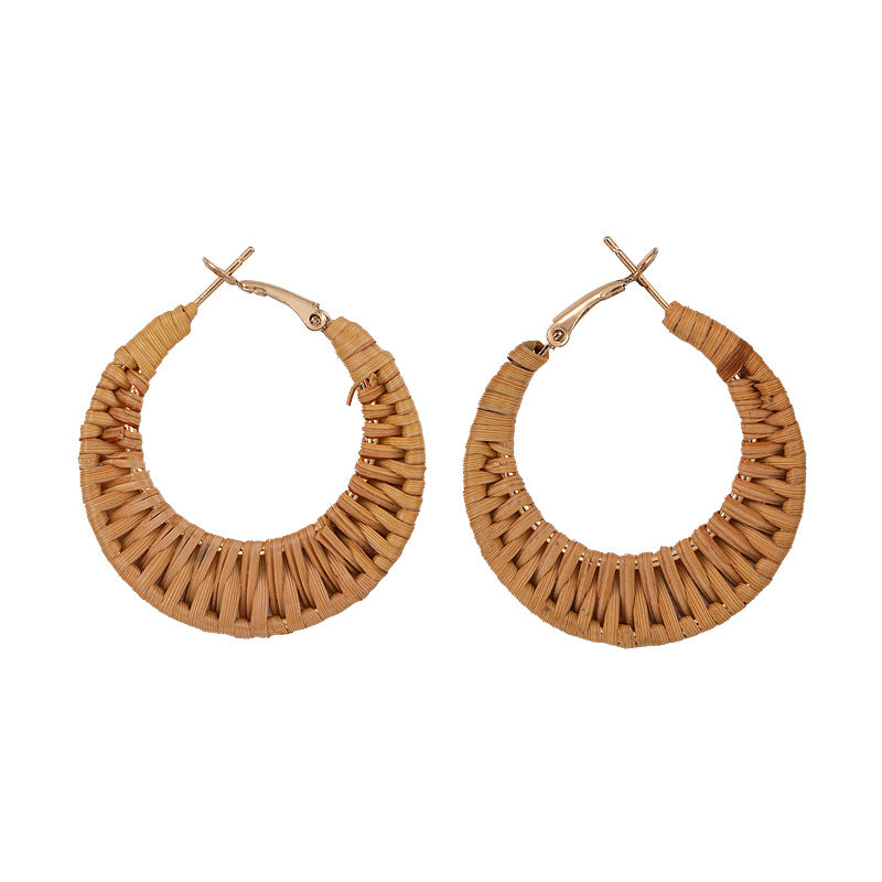 Women's Vacation Style Handmade Straw Woven Rattan For Seaside Graph Matching Earrings