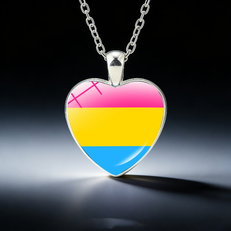 Multicolor Peach Heart Rainbow Pattern Time Gem Cabochon Necklaces