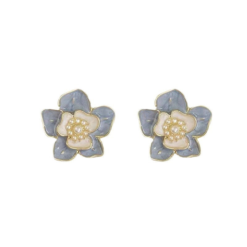 Women's Needle Pearl Flower For Retro Style Oil Painting Stud Earrings