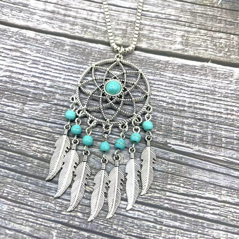 Fashion Turquoise Round Beads Alloy Feather Necklaces
