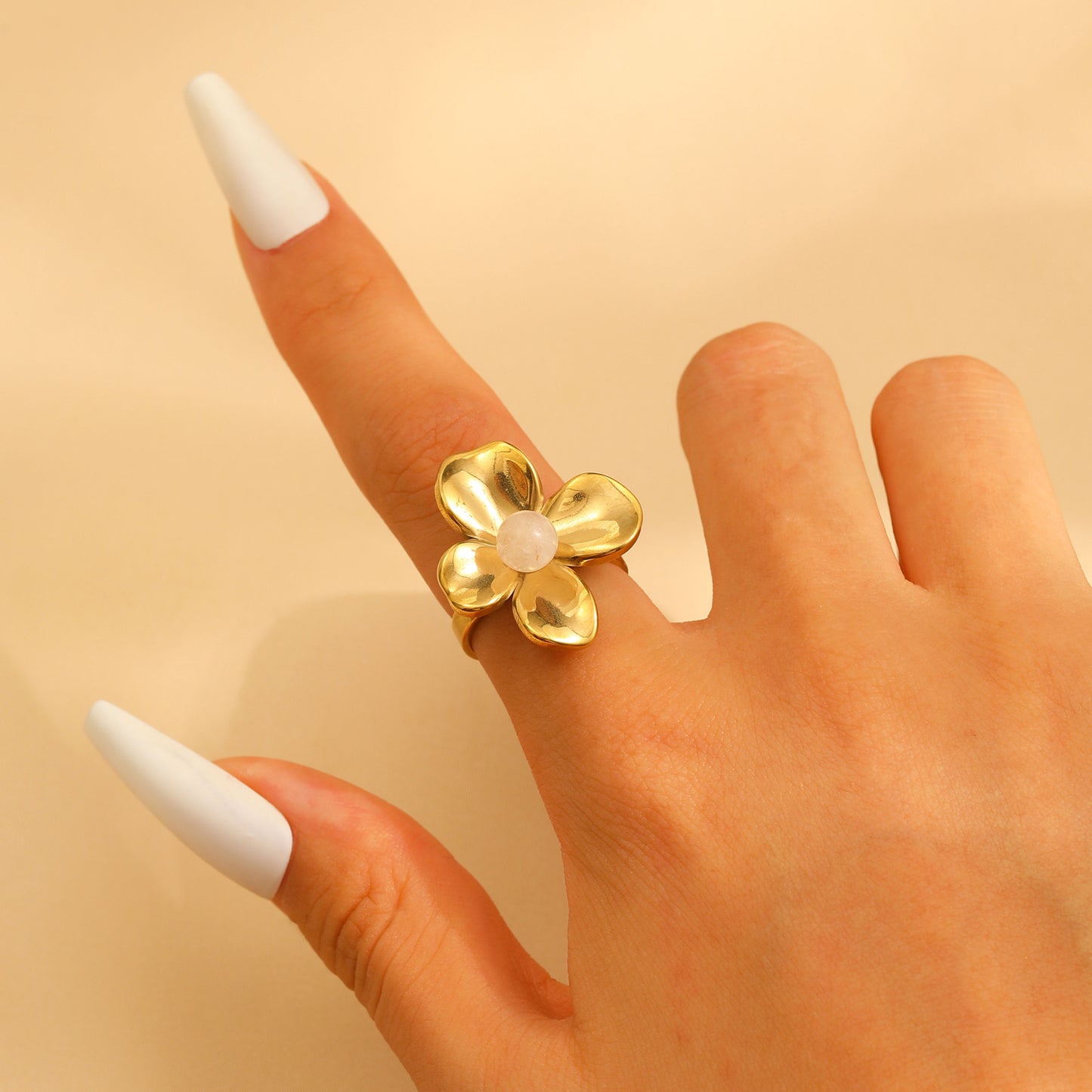 Steel Flower Leaf Female Exaggerated Personalized Hollow Ring