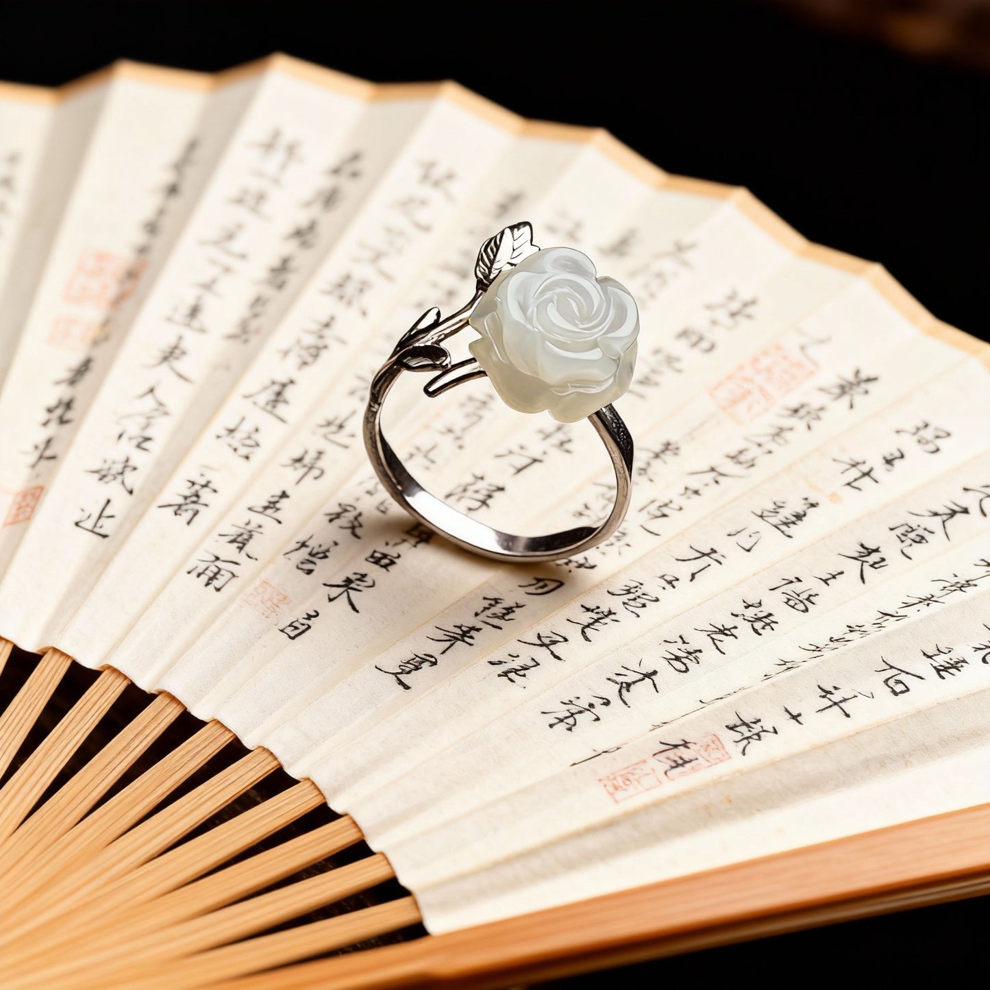 Inlaid White Jade Rose Carved Flower Open Index Finger Female Rings