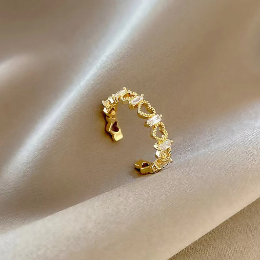 Square Zircon Light Luxury Female Personality Hollow Out Heart-shaped Opening Rings