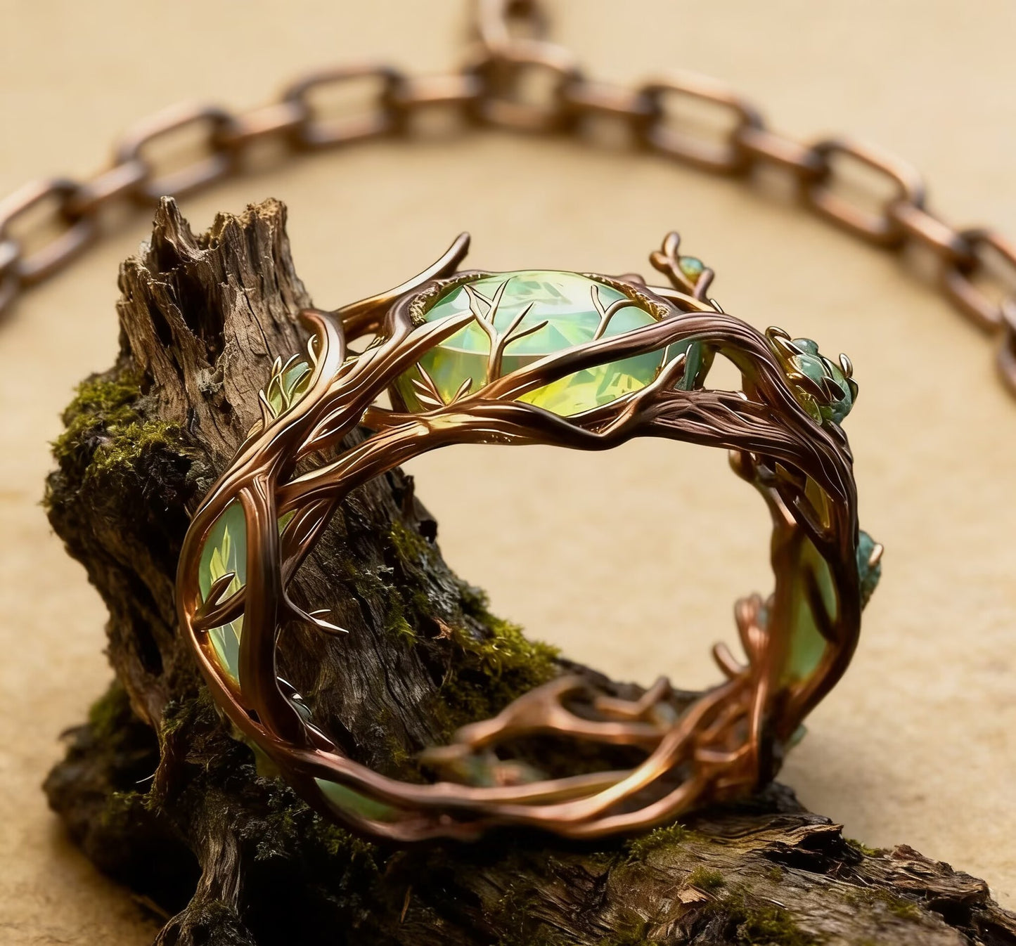Craft Retro Personality Oval Jade Inlaid Malachite Branches Rings