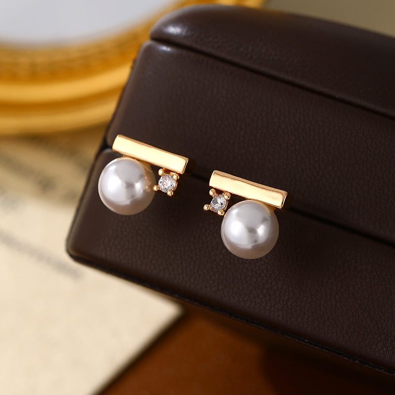 Women's Sier Needle Niche Inlaid Zircon Pearl Simplicity Small Versatile High Earrings