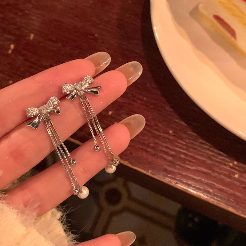 Korean Style Long Fringed Pearl Sier Needle Graceful Rings