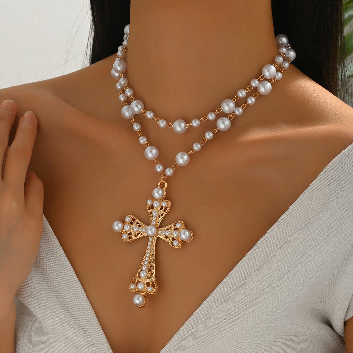 Hip Hop Cross Stitching Imitation Pearl Clavicle Necklaces