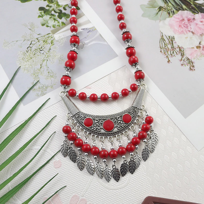 Retro Ethnic Style Crescent Leaf Tassel Forehead Exotic Necklace