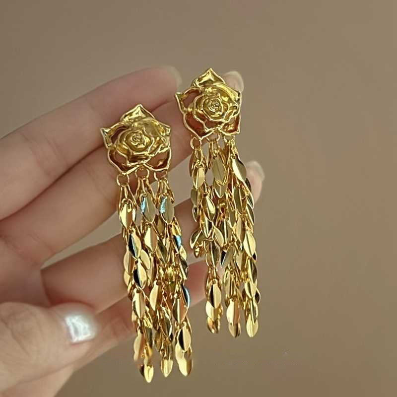 Metallic Long Rose Flower Tassel Exquisite High-grade Earrings