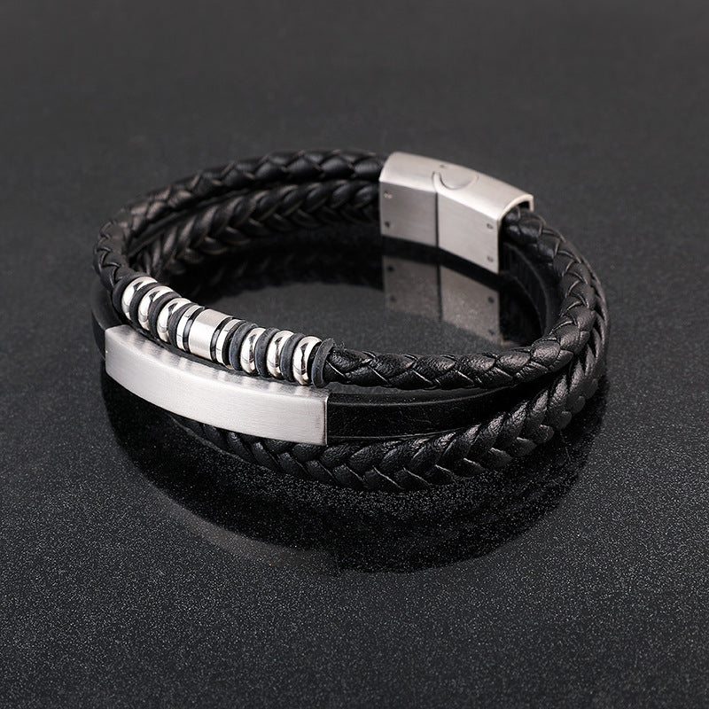 Men's Woven Stainless Steel Magnetic Buckle Leather Bracelet