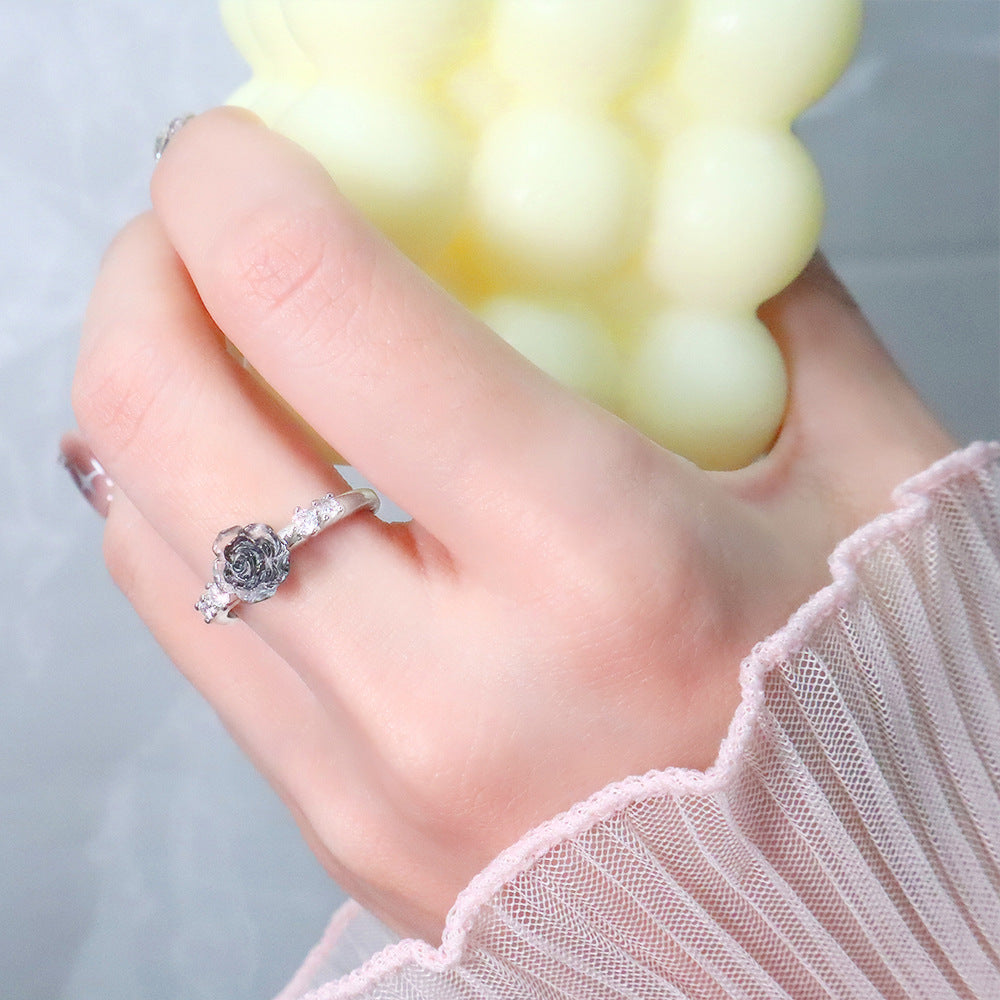 Cinnabar Rose Vintage Camellia Small Flower Index Finger Red Zircon Rings