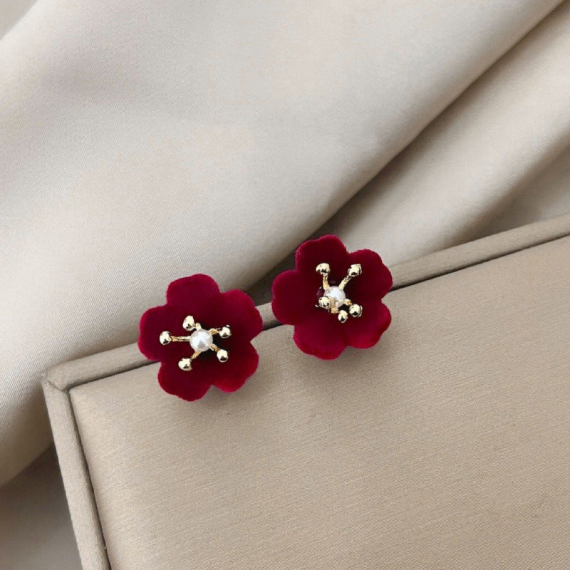 Women's Wine Red Flocking Bow French Retro Earrings