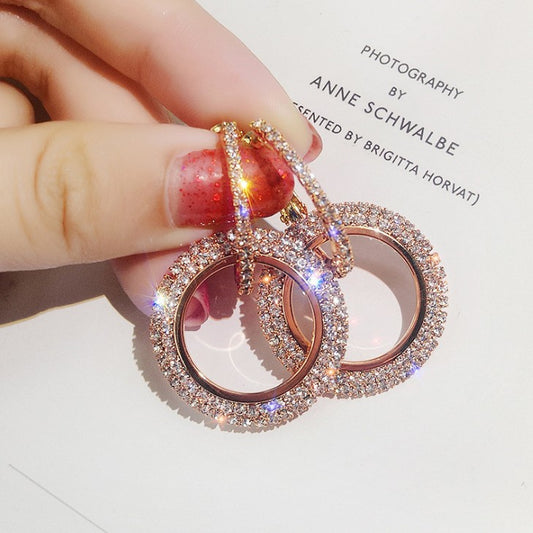 Women's Temperament Exaggerated Rhinestone Circle Full Diamond Temperamental Personalized Ear Hook Stud Earrings