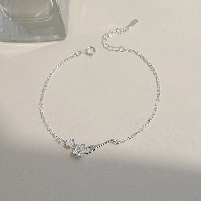 Fresh Peach Blossom Branch Female Special Interest Light Luxury Sier Bracelets