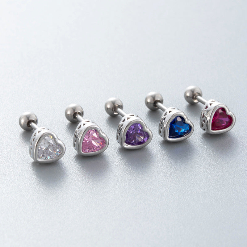 Loving Heart Zircon Ear Bone Pin Titanium Steel Screw Stud Earrings