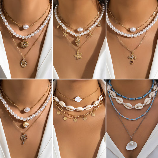 Beaded Beach Imitation Pearl Starfish Shell Necklaces