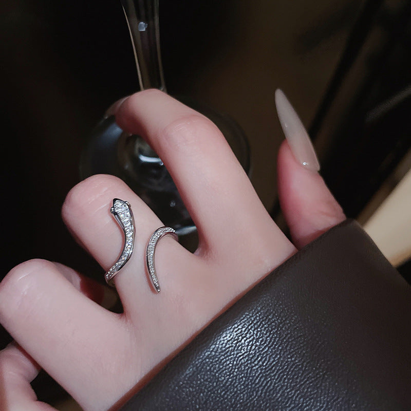 Women's Shining Diamond Snake-shaped Sier Open Advanced Texture Simple Trendy Cool Ring