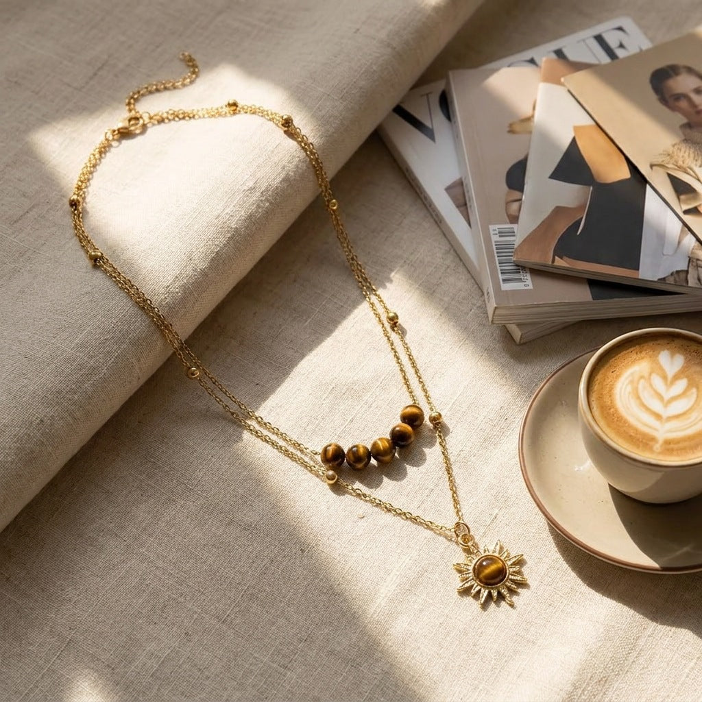Women's Vintage Gold Sunflower Tiger Eye Niche Design Necklaces