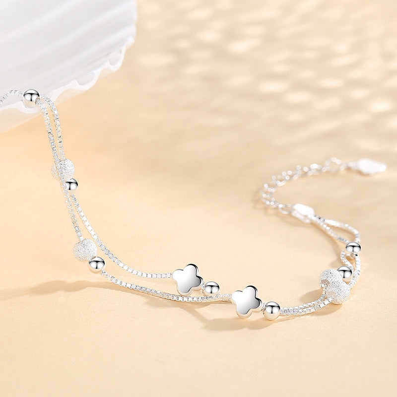 Women's Sterling Sier Clover Sliver Beads Korean Bracelets