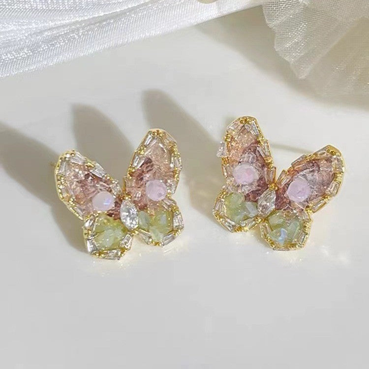 Debris Gradient Crystal Flowers Butterfly Female Special Interest Earrings