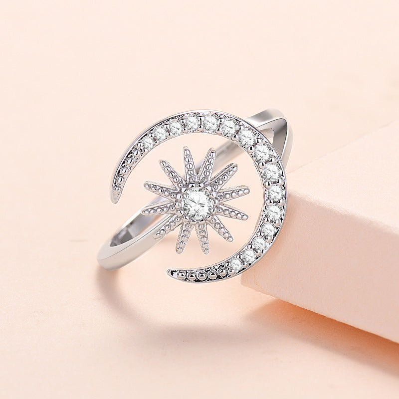 Sun Moon Female Fashion Small Creative Micro Inlaid Zircon Opening Rings