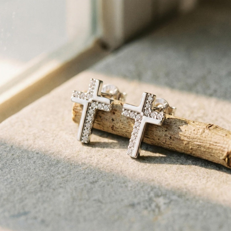 Simple Female Cross Inlaid Zirconium Temperament Earrings