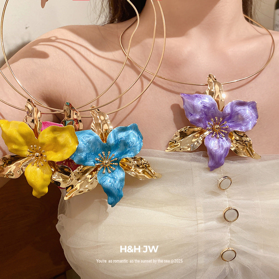 Middle Ancient Glaze Flowers Collar Vintage Court Style Clavicle Chain Earrings